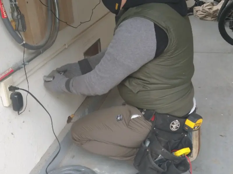 Electrician performing outlet wiring in a Brambleton garage